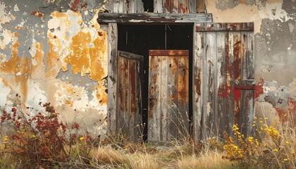 Weathered, open wooden doors in a dilapidated building, overgrown with plants