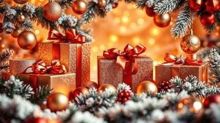 wrapped presents, fir branches and snow in a cozy bokeh background, suitable for banners and cards