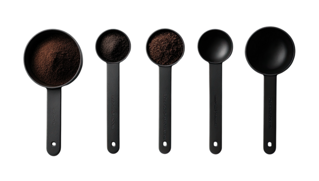 Dark coffee grounds in measuring cups