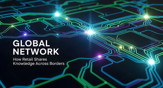 A vibrant digital network illustration with glowing lines and nodes, representing global connectivity and knowledge sharing in retail across borders.