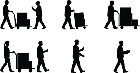 Warehouse worker silhouettes with hand trucks, scanning, logistics, industrial labor, box handling, teamwork, inspection, heavy work, transport, silhouettes, industry