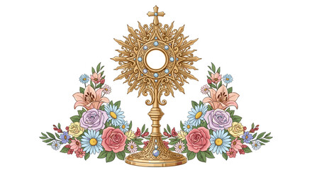 Religious Monstrance Adorned with Floral Beauty: An exquisite golden monstrance, radiating spiritual brilliance, is delicately framed by a vibrant array of blooming flowers.
