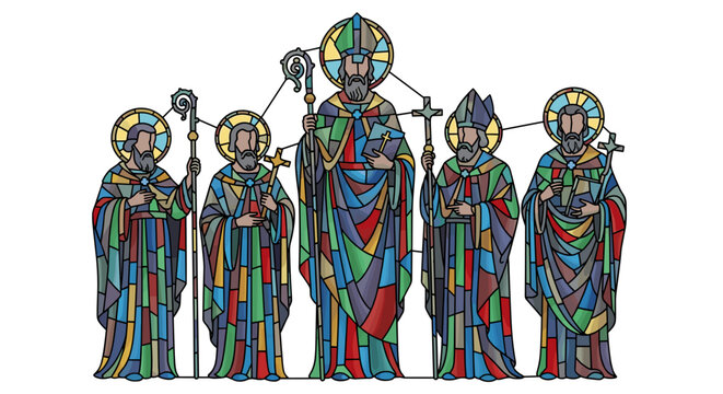 Stained-Glass Saints: A vibrant stained-glass representation of saintly figures, each radiating divine grace and piety. Intricate details and colorful patterns celebrate spirituality.