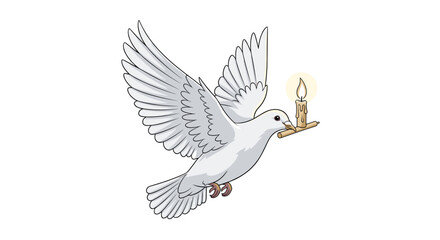 Obraz premium Dove of Hope: A serene white dove soars through the sky, carrying a lit candle, representing peace and the flame of hope against adversity. Symbol of peace, soaring bird, flame of hope.