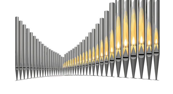 Pipe Organ's Architectural Symphony: An artistic display of the pipe organ, its meticulously crafted pipes harmonizing in a visual symphony, evoking a sense of grandeur and the power of sound.