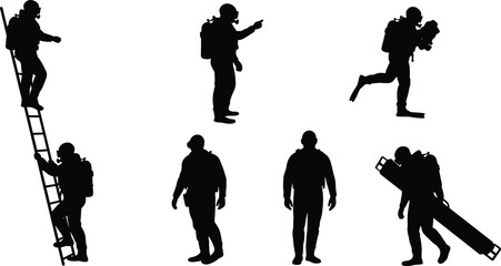 Firefighter silhouettes on duty, climbing ladder, carrying equipment, walking, standing, emergency response, fire safety, rescue team in action