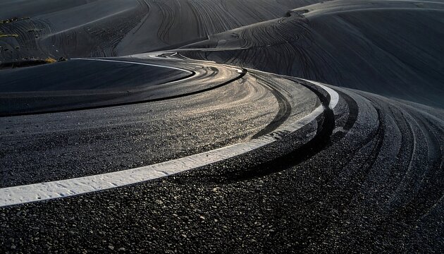 Winding asphalt road curves through dark landscape, tire tracks visible. Sunlight glints off the road surface. The terrain is uneven