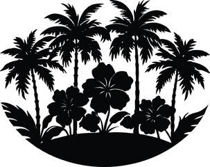 Hibiscus Garden With Tropical Palms Silhouette | Exotic Flower Vector Art