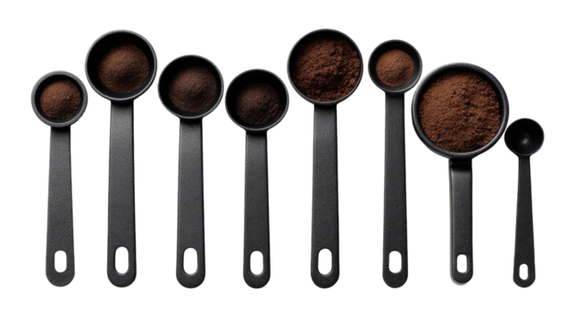 Dark coffee powder in graduated measuring spoons