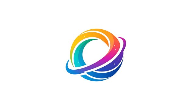 A vibrant, abstract logo design featuring a ring-like structure with a gradient of bright colors, and a celestial orb in the center