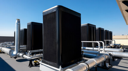 Rooftop HVAC Units: A row of large, black heating, ventilation, and air conditioning (HVAC) units sit on a flat rooftop against a clear blue sky.