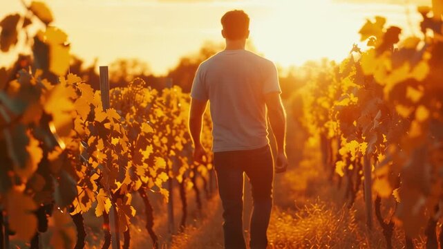 A farmer walks through a golden vineyard at sunset. Man inspecting grapevines in autumn. Agriculture and winemaking concept