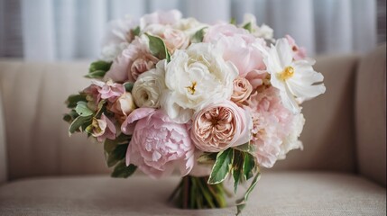 Elegant bridal bouquet featuring soft pink and white peonies, perfect for weddings, celebrations, and romantic events, creating a stunning visual experience
