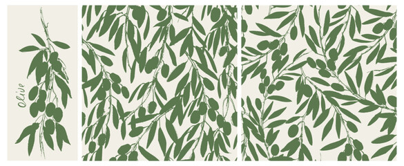 Olive branches seamless pattern set with leaves and berries silhouettes