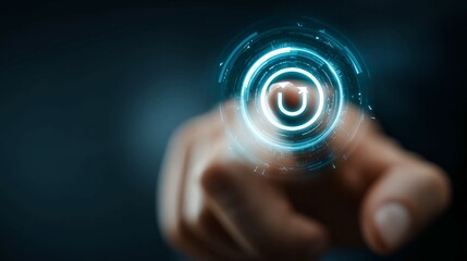 Human hand activating futuristic technology interface with glowing digital circle, representing innovation and digital transformation
