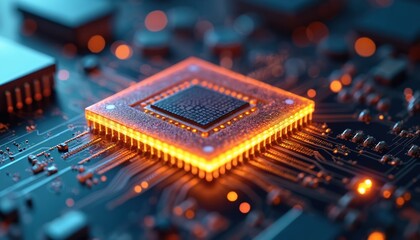 Close up of computer chip on circuit board with glowing lights. Tech concept shows advanced electronic component. Innovation, engineering, digital solutions for modern industry, high tech systems.