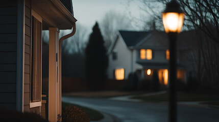 Night street scene with a lit street lamp, houses with glowing windows, and dark trees. Serene residential atmosphere.