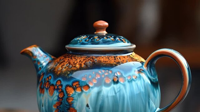 Macro Journey Across a Stunning Artisan Teapot with Reactive Blue and Orange Glaze