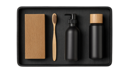 Dark tray holds wooden and black toiletries