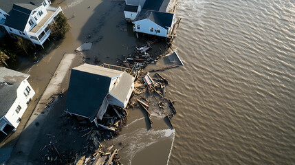 Coastal flooding impacts homes and infrastructure after storm surge. Houses partially submerged, debris scattered. Severe damage and displacement shown.