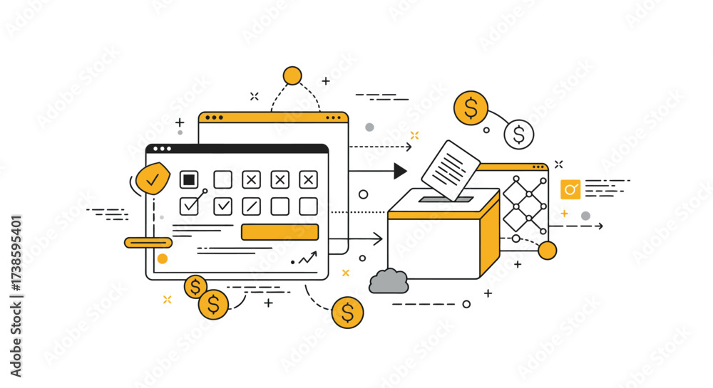 Wall mural online voting and blockchain technology in a modern line art style