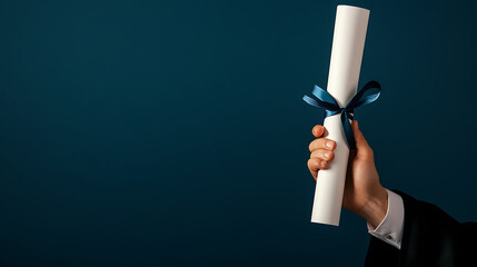 Celebrating Success: A hand holds a diploma with a blue ribbon against a dark background, symbolizing achievement and academic success.
