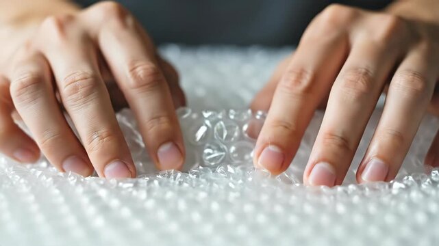 Man popping bubble wrap close up. Stress relief and anxiety reduction concept with tactile action. Engaging and satisfying ASMR video.