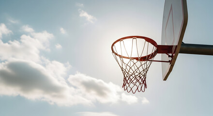 A basketball hoop and net are silhouetted against a bright, cloudy sky with the sun shining through, suggesting an outdoor court.