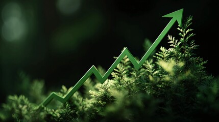 Green arrow soaring upwards symbolizing growth, success, and financial investment in a natural, sustainable environment