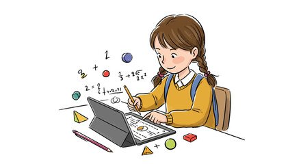 Student engaged in e-learning with tablet in classroom setting, emphasizing e…