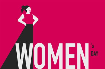 Women's Day greeting card with silhouette of strong woman for 8 march on pink background. Sisterhood and community for girls. Vector illustration