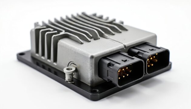 An Electronic Control Unit component isolated on white. The automotive part is a grey metal box with connectors and heat sink. Tech device for car, truck, or any vehicle.