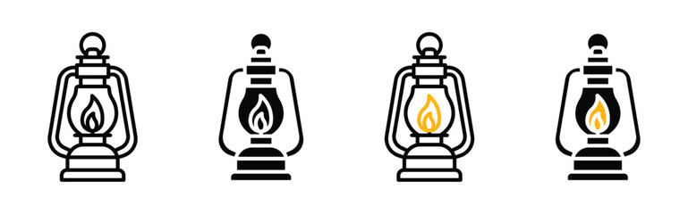 Classic lantern with a burning flame icon set in outline and flat style, vector illustration ,
