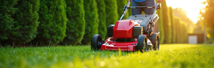 Obraz premium Person pushes red lawn mower cutting green grass in garden. Bright sun shines on fresh lawn near tall hedges. Yard work keeps neat backyard. Summer maintenance task for homeowner. Golden hour light