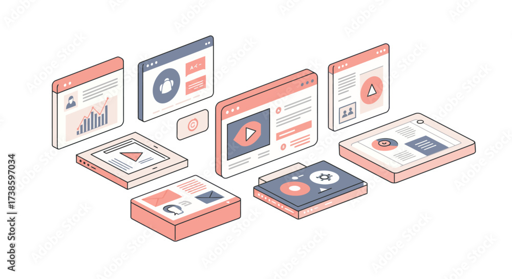 Wall mural isometric web design concepts with interface elements and data visualization