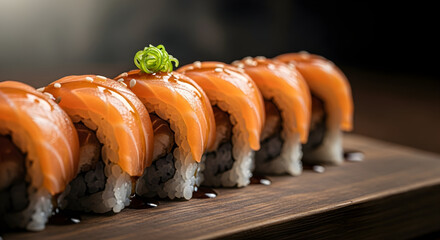 Close-up view of freshly prepared salmon sushi rolls topped with sesame seeds and a touch of green garnish, served on a dark wooden board.