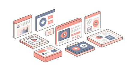 Isometric web design concepts with interface elements and data visualization