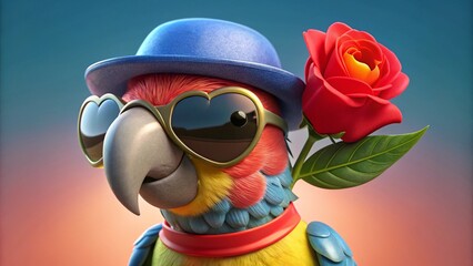 Heart shaped sunglasses on a cute parrot with hat and rose valentines day
