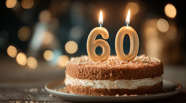 60th birthday cake with burning number candles and bokeh lights, close-up celebration indoors