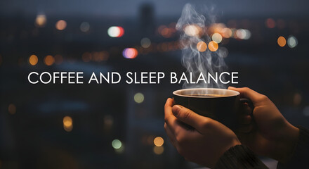 A person holding a steaming coffee mug against a blurred city night background, with text "COFFEE AND SLEEP BALANCE".