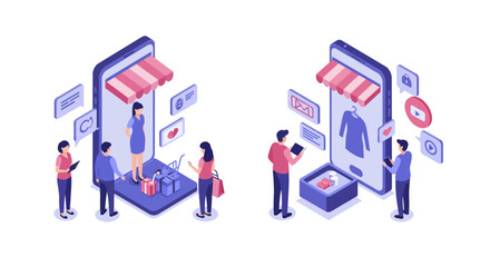 Isometric online shopping concepts with people interacting on smartphone screens