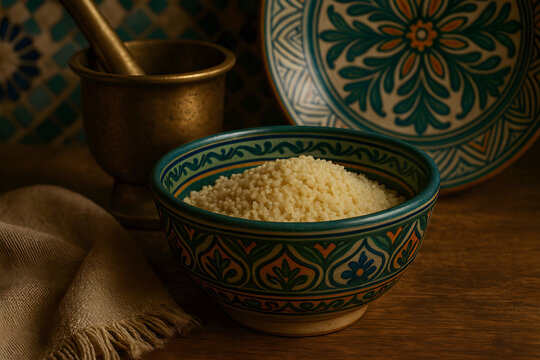 Couscous in a Decorative Bowl with Mortar and Pestle