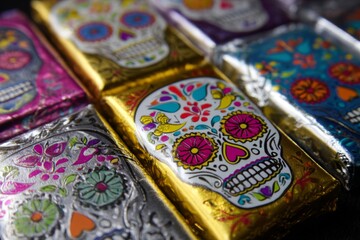 Fototapeta premium Day of the Dead candy bars with skull pattern wrappers arranged on table surface flat lay view for seasonal retail theme and cultural celebration display