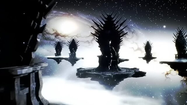 Mysterious throne room in space with silhouetted figures and celestial bodies