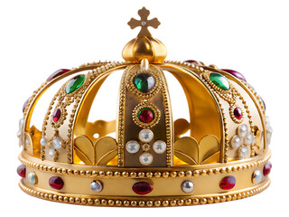 Ornate gold crown with red green gems isolated on a transparent background royal