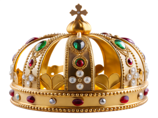 a gold crown with red green gems isolated on a transparent background.PNG