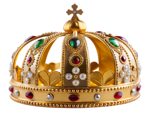 a gold crown with red green gems isolated on a transparent background.PNG