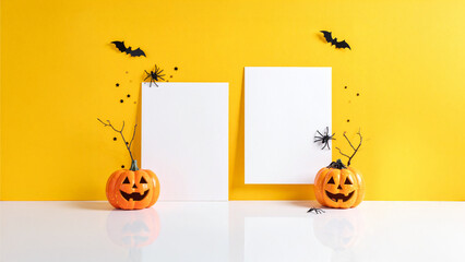 A Hint of Haunt and a Pop of Fun: A Minimalist Halloween Banner on a Spooky Yet Playful Yellow Backdrop