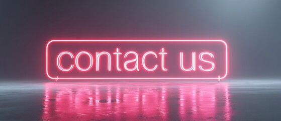 Minimal neon contact us typography floating over reflective urban surface in moody fog
