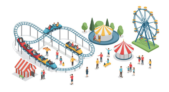 Colorful amusement park scene with rides and visitors in isometric style
